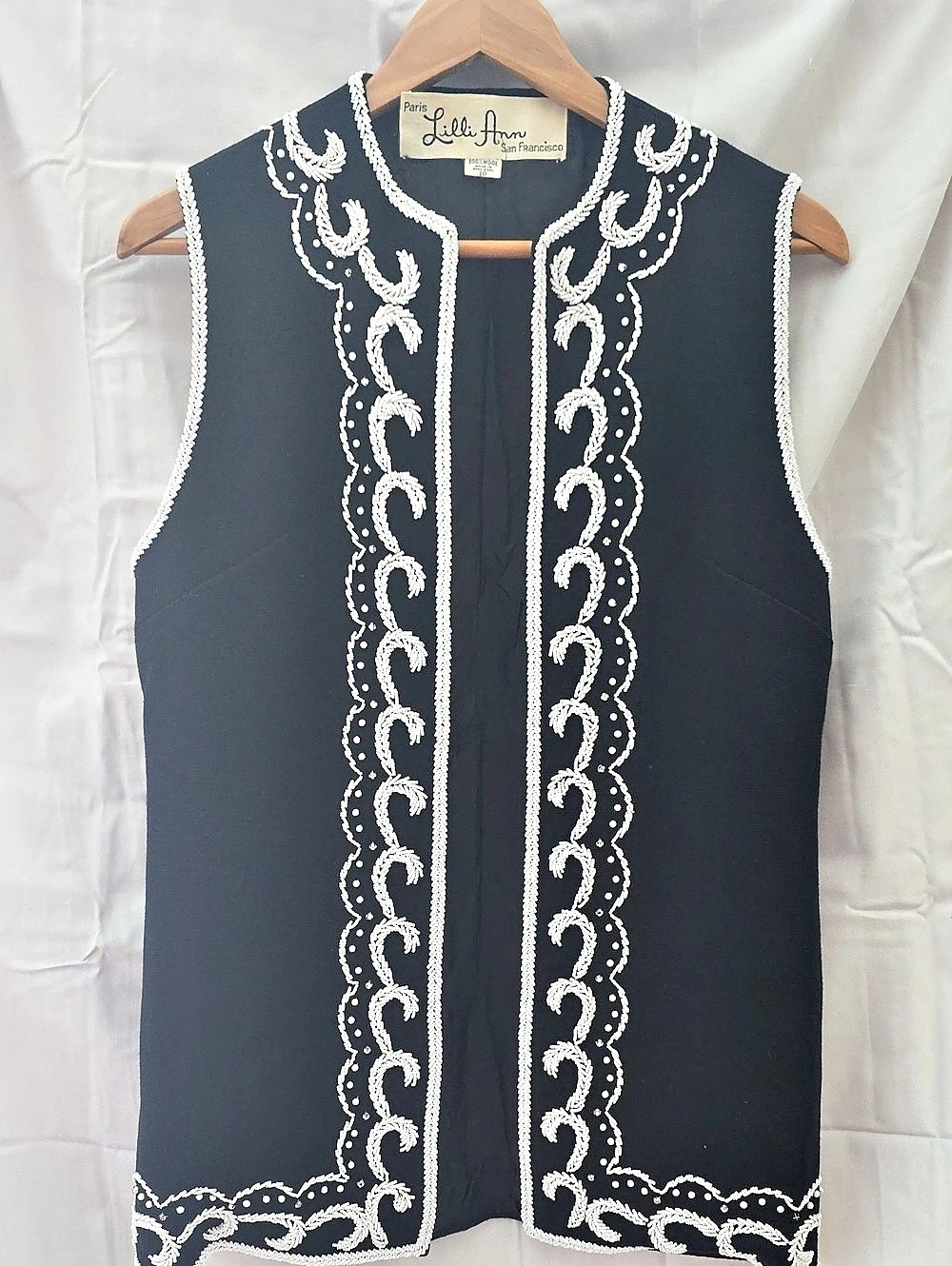 Vintage Lilli Ann Embroidered Beaded Open Front Wool Vest Black/White Size 10